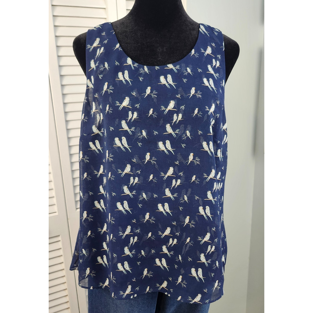 Cabi Sleeveless Top Medium Navy Blue Bird Print Chiffon